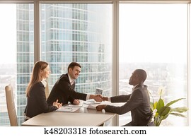 amistoso, caucásico, empleadores, y, african - american, solicitante, mano