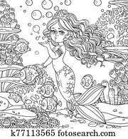 Beautiful mermaid girl sends an kiss underwater world with corals and fishes background outlined Beautiful mermaid girl sends an kiss underwater world with corals and fishes background outlined