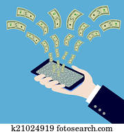 hand holding smart phone with money hand holding smart phone with money