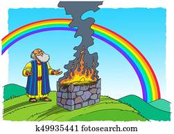 Noah stands near the Altar and there is a Rainbow in the sky Noah stands near the Altar and there is a Rainbow in the sky