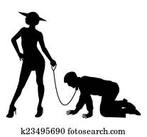 woman holding man on a leash