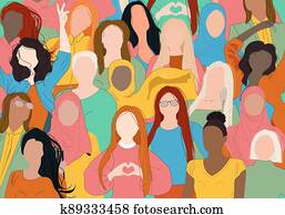 נקבה, בלתי-דומה, פנים, של, שונה, ethnicity., נשים, בעלות כוח, תנועה, pattern.