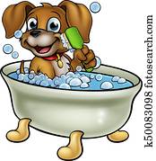 caricatura, cão, em, a, banho