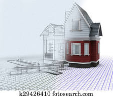 עצים, דיר, עם, חצי, sketched