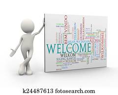 3d, איש עומד, עם, קבלת פנים, wordcloud, מילה, פתקים