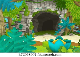 Cartoon background with cave in the jungle - illustration for children Cartoon background with cave in the jungle - illustration for children