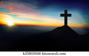 cristiano, cruz, en, el, colina, en, ocaso