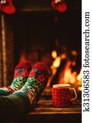 Weihnachten, kaminofen, herd, mit, kranz, und, strümpfe Stock Foto