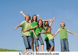 happy group of kids at summer camp singing or shouting, happy group of kids at summer camp singing or shouting,