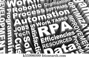 rpa, robotic, processo, automação, palavra, colagem, 3d, ilustração