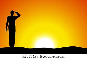 Silhouette of an army soldier saluting on hills against sunset Silhouette of an army soldier saluting on hills against sunset