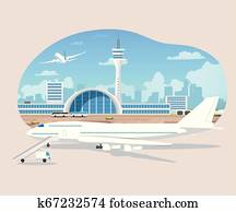 aviónes de pasajeros, esperar, y, despegue, en, aeropuerto, vector