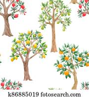 Beautiful seamless pattern with cute watercolor fruit trees. Stock orchard illustration. Beautiful seamless pattern with cute watercolor fruit trees. Stock orchard illustration.