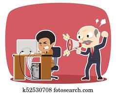 Boss yelling to his stressed african male employee