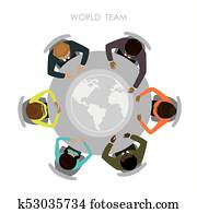 Five people different races  sitting and working together