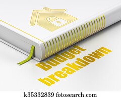 geschaefts, concept:, buch, eigenheim, budget, zusammenbruch, weiß, hintergrund