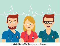 Portrait of medical team with stethoscopes wearing colorful scrubs standing over heartbeat