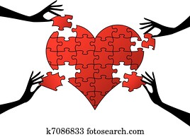 rojo, rompecabezas, corazón, con, manos, vector