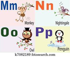 בעל חיים, אלפבית, m,n,o,p.