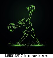 Cheerleader dances with pom poms. Green neon cheerleading illustration for sporting poster event. Cheerleader dances with pom poms. Green neon cheerleading illustration for sporting poster event.
