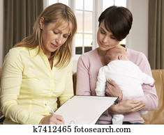 אמא, עם, תינוק של יילוד, לדבר, עם, אורח של בריאות, בבית