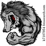 lobo, mascote, flexionar, braço, caricatura