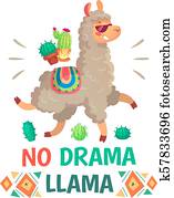 Motivation lettering with No drama llama. Chilling alpaca or lama cartoon kids illustration Motivation lettering with No drama llama. Chilling alpaca or lama cartoon kids illustration