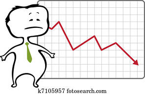 unhappy trader and a drop chart with falling red arrow - vector illustration in cartoon style - The document can be scaled to any size without loss of quality. 