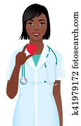 Vector illustration of a female doctor or nurse with stethoscope holding heart symbol in hands