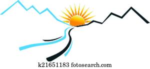 fluss, berg, mit, sonne, logo fluss, berg, mit, sonne, logo