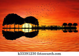 guitarra, ilha, pôr do sol