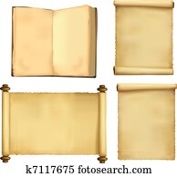 Set of old paper sheets and book Set of old paper sheets and book