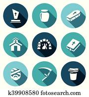 Vector Set of Funeral Icons. Burial, Cremation, Coffin, Church, Crematorium, Prayer, Mummification, Death, Funeral. Vector Set of Funeral Icons. Burial, Cremation, Coffin, Church, Crematorium, Prayer, Mummification, Death, Funeral.