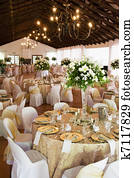 Wedding reception hall with laid tables Wedding reception hall with laid tables