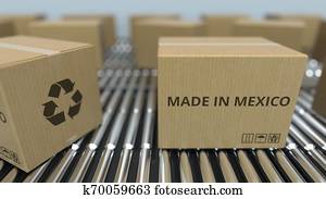 Boxes with MADE IN MEXICO text on roller conveyor. Mexican goods related 3D rendering Boxes with MADE IN MEXICO text on roller conveyor. Mexican goods related 3D rendering