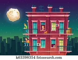 residential multi-storey apartment at night, neighborhood residential multi-storey apartment at night, neighborhood
