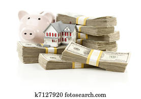 Small House and Piggy Bank with Stacks Money