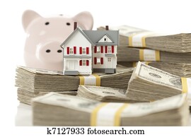 Small House and Piggy Bank with Stacks Money