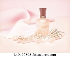 Perfume in a glass bottles and pearl beads on pink. Perfume in a glass bottles and pearl beads on pink.