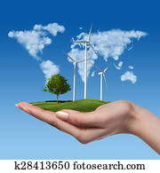 wind turbines, met, boompje, in, vrouwelijke hand