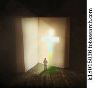 el caminar de la mujer, por, un, biblia, puerta