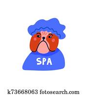 Happy cartoon english bulldog portrait on white background. Dog beauty salon. Funny puppy character in the spa. Dog care, grooming, hygiene, health. Flat style vector illustration. Happy cartoon english bulldog portrait on white background. Dog beauty salon. Funny puppy character in the spa. Dog care, grooming, hygiene, health. Flat style vector illustration.
