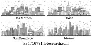 Outline San Francisco California, Miami Florida, Des Moines Iowa and Boise Idaho City Skylines with Modern Buildings Isolated on White. Outline San Francisco California, Miami Florida, Des Moines Iowa and Boise Idaho City Skylines with Modern Buildings Isolated on White.