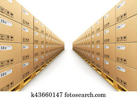 Row of stacked cardbaord boxes on shipping pallets