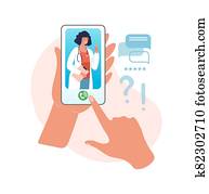אונליין, התייעצות, עם, a, רופא., קבלה, ב, ה, בית חולים, ל, a, וידאו, call,, ידיים, להחזיק, a, smartphone, עם, a, רופא של אישה, עם, a, סטטוסקופ, ב, ה, screen., דירה, וקטור, illustration.