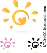 Abstract vector Sun icon with Heart -  orange & pink, isolated o