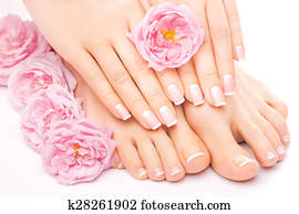 pedicure and manicure with a pink rose flower pedicure and manicure with a pink rose flower