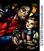 Stained glass window depicting Jesus and a child, in the Koekelberg basilica in Brussels