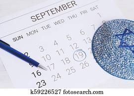 calendário, com, kippah., yom kippur, concept.
