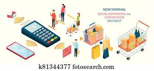New Normal, People in Social Distancing and Contactless Payment